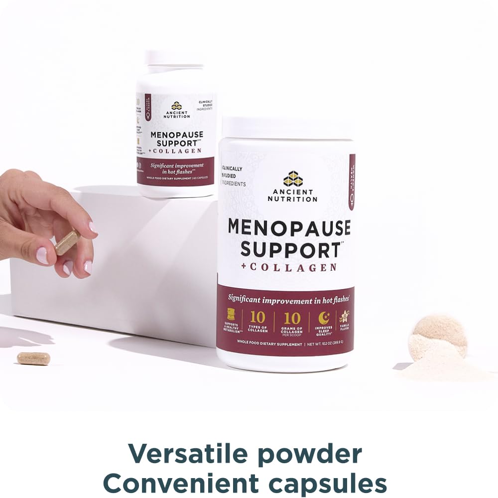 Ancient Nutrition Menopause Support + Collagen Supplement, Hydrolyzed Collagen Peptides, Key Clinically Validated Superfoods, Significant Improvement in Hot Flashes and Sleep Quality, 60 Capsules Ancient NutritionAu supplements