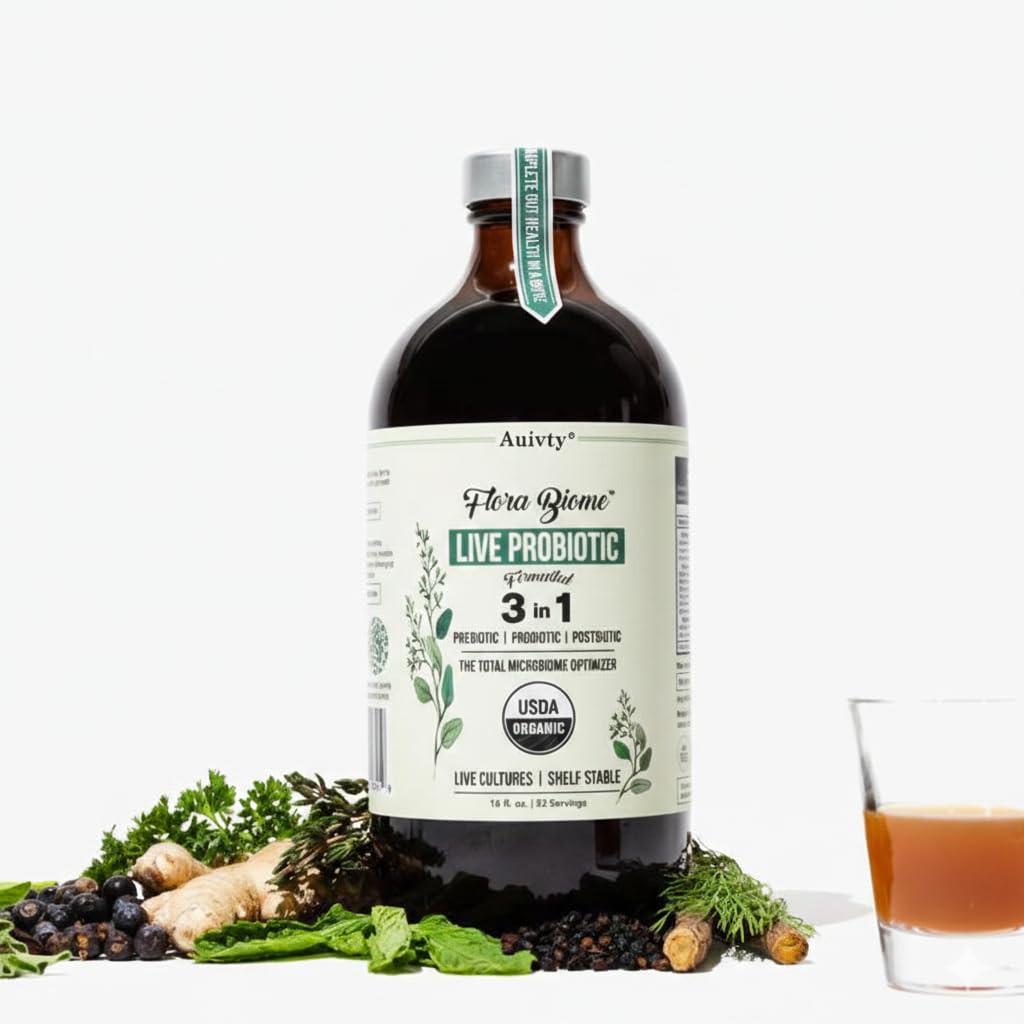 Auivty Flora Biome Live Probiotic Liquid, 3-in-1 Probiotic + Prebiotic + Postbiotic, 30 Billion CFU (at Time of Manufacture), 10 Strains, Fermented Herbal Blend with 18 Herbs, Shelf Stable, 16 fl oz AuivtyAu supplements
