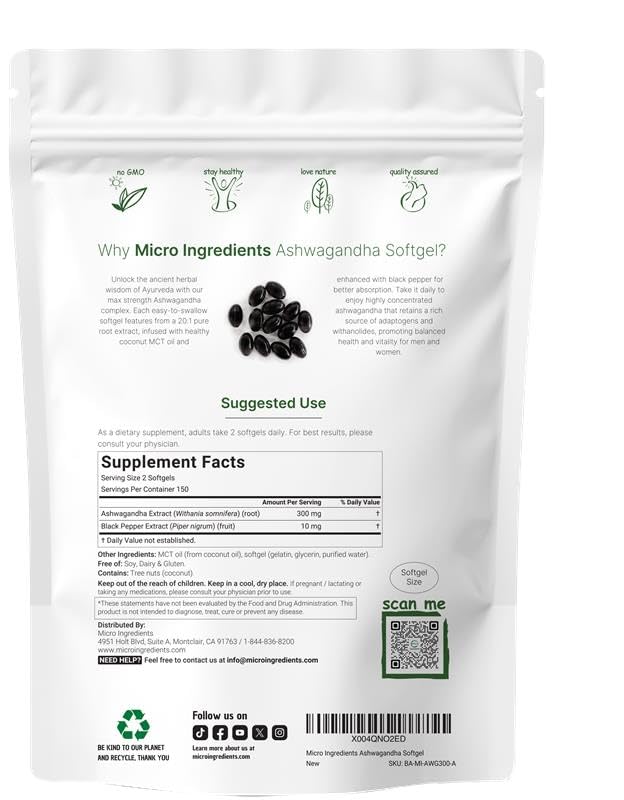Micro Ingredients Ashwagandha Supplements | 300 Coconut MCT Oil Softgels with Black Pepper for Better Absorption | Potent Root Extract | Non-GMO Micro IngredientsAu supplements