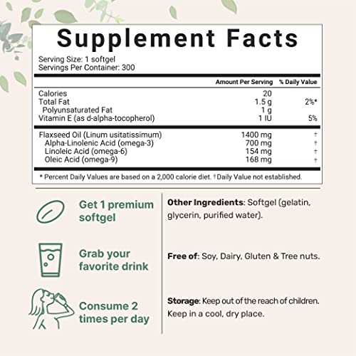 Flaxseed Oil 1400mg Softgels, 300 Counts | w/ 700mg ALA Omega 3, Cold Pressed Micro IngredientsUS supplements