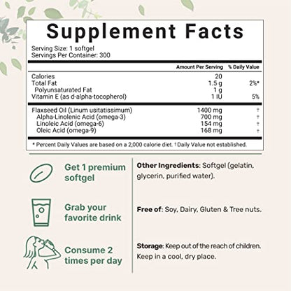 Flaxseed Oil 1400mg Softgels, 300 Counts | w/ 700mg ALA Omega 3, Cold Pressed Micro IngredientsUS supplements