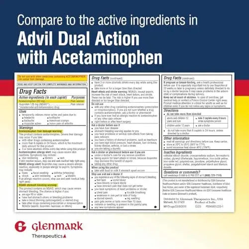 Dual Action Acetaminophen 250mg and Ibuprofen 125mg Caplets, Up to 8h of Pain Relief for Minor Aches and Pain, Headaches, Toothache, Backache, Menstrual Cramps, Minor Arthritis Pain, 216 Count Glenmark TherapeuticsAu supplements