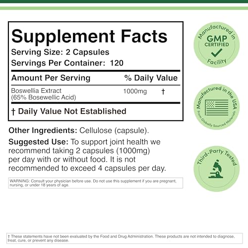 Boswellia Serrata - 240 Capsules (Max Strength 1,000mg of 65% Boswellic Acid Extract) Boswellia Extract Capsules (Joint Support Supplement for Joint Health) Third Party Tested by Double Wood Double Wood SupplementsAu supplements