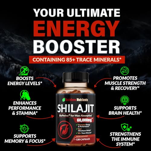 Pure Himalayan Shilajit Capsules Supplement (60,000mg+ Absorption Enhancer+50% Rainbow Nutrients, LLCUS supplements
