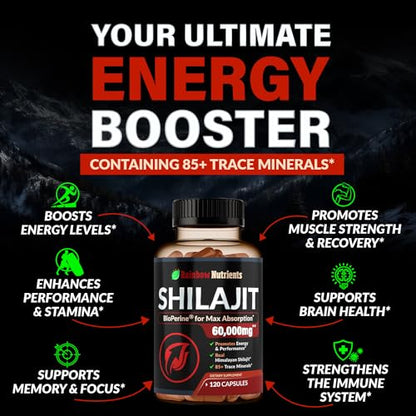 Pure Himalayan Shilajit Capsules Supplement (60,000mg+ Absorption Enhancer+50% Rainbow Nutrients, LLCUS supplements