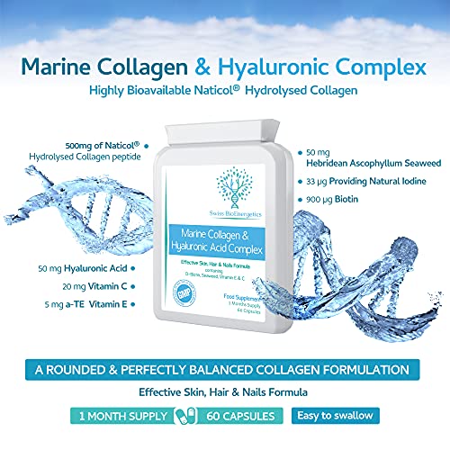 Marine Collagen & Hyaluronic Acid Complex - 60 Capsules - 500mg of Highly Bioavailable Naticol® Hydrolysed Collagen swiss bioenergeticsAu supplements