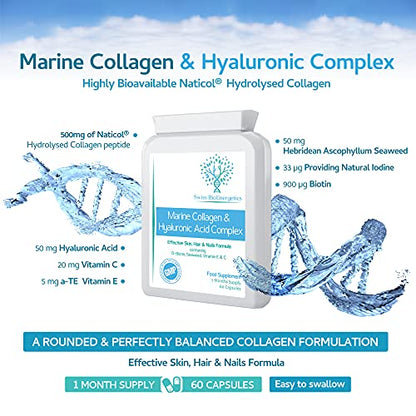 Marine Collagen & Hyaluronic Acid Complex - 60 Capsules - 500mg of Highly Bioavailable Naticol® Hydrolysed Collagen swiss bioenergeticsUS supplements