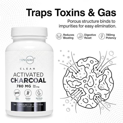 Type Zero Activated Charcoal Capsules (180 Count) - 60 Servings, 780mg Per Serving, from Coconut Shell, Non-GMO, Gluten-Free Type ZeroUS supplements