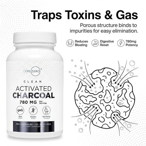 Type Zero Activated Charcoal Capsules (180 Count) - 60 Servings, 780mg Per Serving, from Coconut Shell, Non-GMO, Gluten-Free Type ZeroUS supplements