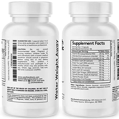 Youth & Tonic Natural Water Pills (90 Count) for Swelling Belly Bloating Youth & TonicUS supplements