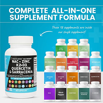NAC Supplement N-Acetyl Cysteine 1000mg Vitamin D3 K2 Zinc Quercetin Clean NutraceuticalsUS supplements