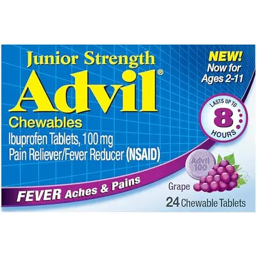 Advil Junior Strength Chewable Ibuprofen Pain Reliever and Fever Reducer, Children's Ibuprofen for Pain Relief, Grape - 24 Tablets (Pack of 3) AdvilAu supplements
