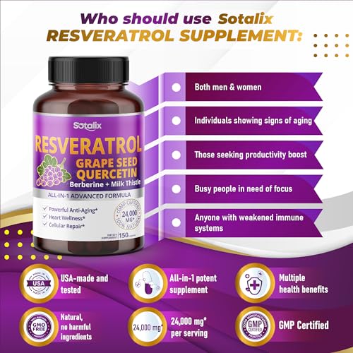 Resveratrol 24,000mg with Grape Seed + Quercetin Berberine + Milk Thistle Powerful Anti SOTALIX SUPPLEMENTAu supplements