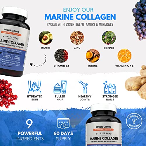 Marine Collagen 1400mg | 120 Capsules with Biotin, Hyaluronic Acid, Vitamin C, E, B2, Zinc, Copper & Iodine Miracle GreensAu supplements