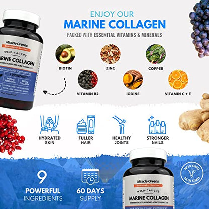 Marine Collagen 1400mg | 120 Capsules with Biotin, Hyaluronic Acid, Vitamin C, E, B2, Zinc, Copper & Iodine Miracle GreensUS supplements
