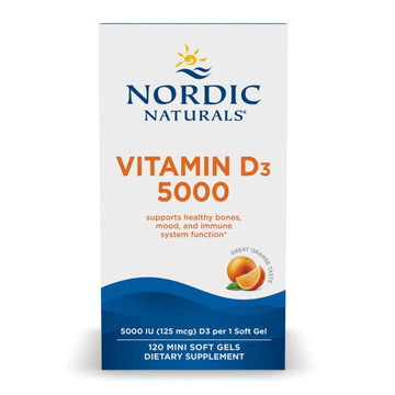 Nordic Naturals Vitamin D3 5000, Orange - 120 Mini Soft Gels - 5000 IU Vitamin D3 - Supports Healthy Bones, Mood & Immune System Function - Non-GMO - 120 Servings Nordic NaturalsAu supplements
