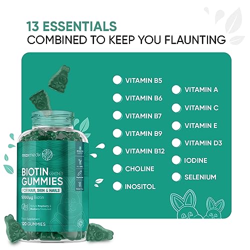 Biotin Gummies 5000mcg - with Vitamin A, B, C, D, E & Selenium – 120 Hair Nails and Skin maxmedixUS supplements