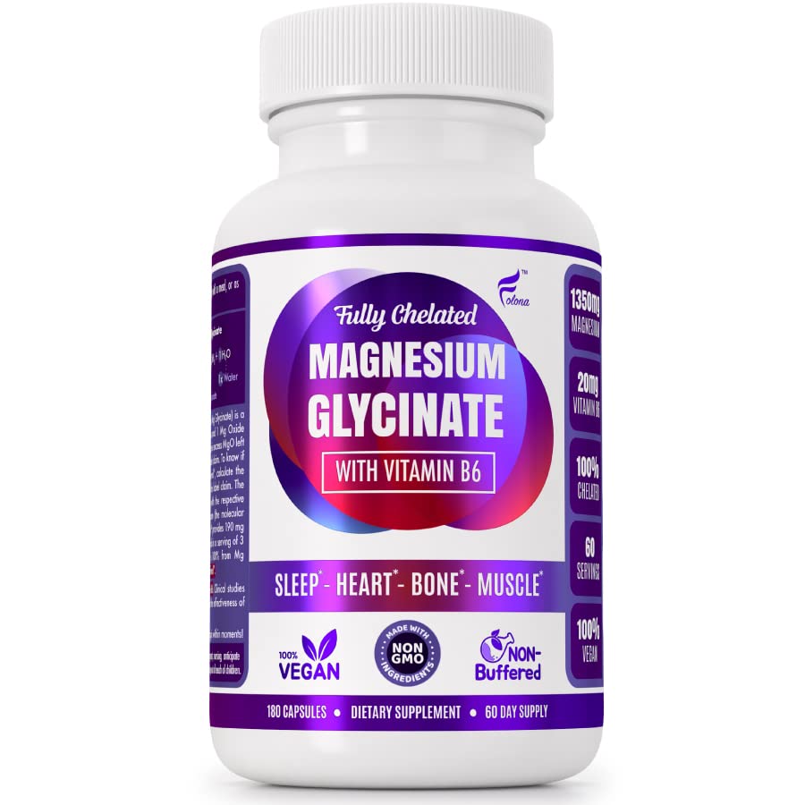 Folona Magnesium Glycinate with Vitamin B6 Research Proven to Enhance Absorption, 1350mg Fully Chelated - Supports Sleep, Stress Relief, Energy, Muscle Cramps - Gluten Free, NonGMO, 180 Vegan Capsules FOLONAAu supplements