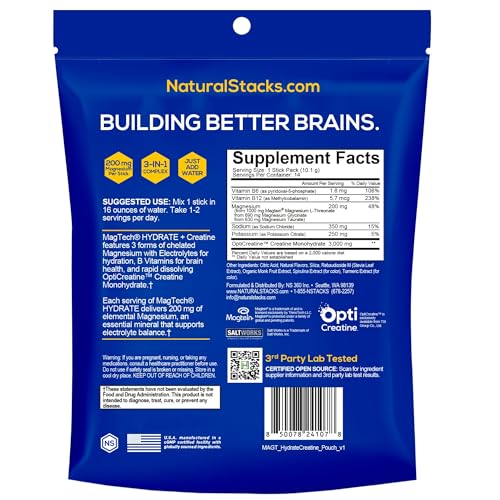 NATURAL STACKS Magtech Magnesium Hydrate + Creatine - Sugar Free Electrolyte Drink - Magtein Magnesium L-Threonate, Glycinate & Taurate - Supports Hydration & Cellular Energy - 14 Hydration Packets NATURAL STACKSAu supplements