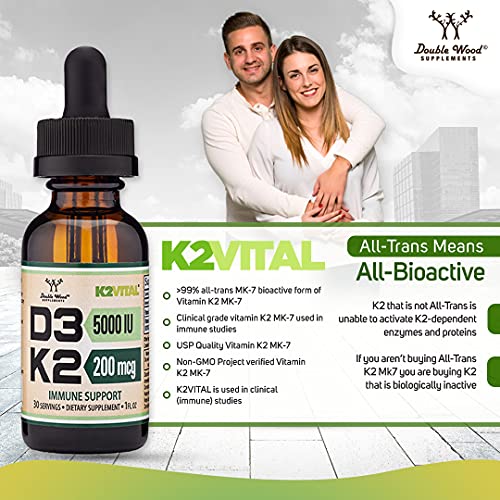 Vitamin D3 K2 5,000 IU Liquid Drops (5,000 IU of D3 and 200mcg of 99.9% All-Trans Double Wood SupplementsUS supplements