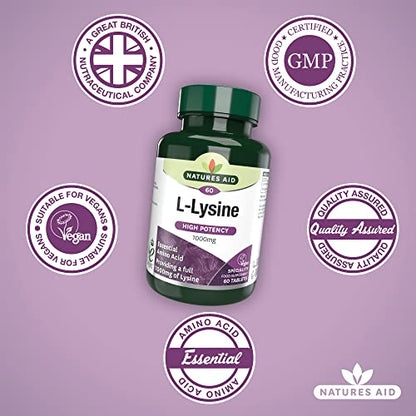 Natures Aid L-Lysine 1000 mg, High Potency Essential Amino Acid, Vegan, 60 Tablets natures aidUS supplements