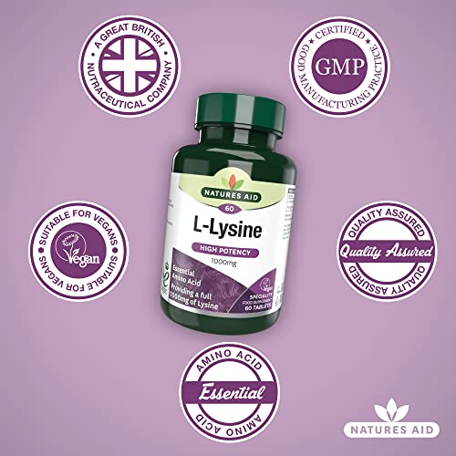 Natures Aid L-Lysine 1000 mg, High Potency Essential Amino Acid, Vegan, 60 Tablets natures aidUS supplements
