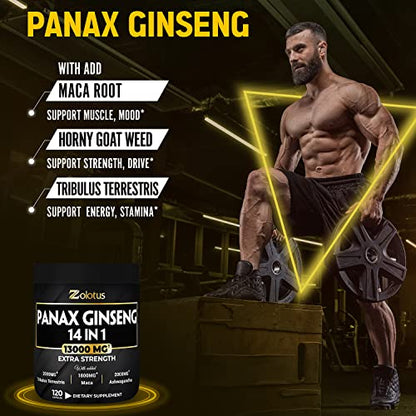 Premium Panax Ginseng 14 in 1, 13X Potency, High Strength Capsules with Horny Goat Weed ZolotusUS supplements