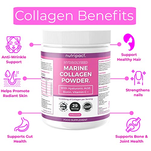 Hydrolysed Marine Collagen Peptides Powder with Hyaluronic Acid, Biotin, Vitamin C & B Vitamins – 10,000mg Collagen nutripactAu supplements
