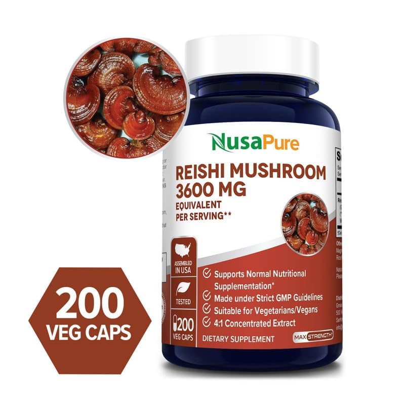 NusaPure Reishi Mushroom 4:1 Extract, 900 mg Equivalent to 3,600mg per Capsule 200 Veggie Caps Vegan, Non-GMO, Gluten-Free NusaPureAu supplements