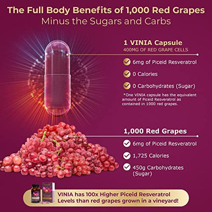 VINIA 12-Hour Sustained Release Piceid Resveratrol Supplement. Nitric Oxide Supplement VINIAUS supplements