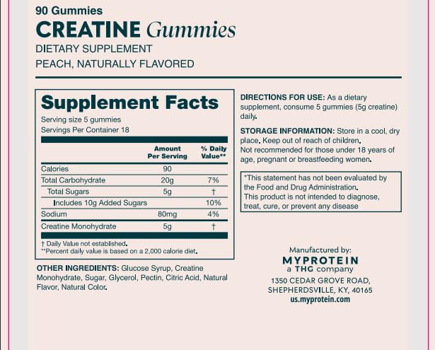 Myprotein Creatine Gummies, 5g Creatine Monohydrate per Serving, Peach, 90 Count, 18 Servings, Chewable Post/Pre Workout Strength & Recovery Sports Nutrition Supplement, Vegan, Non-GMO MyproteinAu supplements