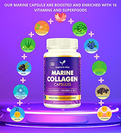 High Strength Marine Collagen Tablets - Skin, Hair, Nails & Joints - Fortified with Hyaluronic Acid Euphoria BlissUS supplements