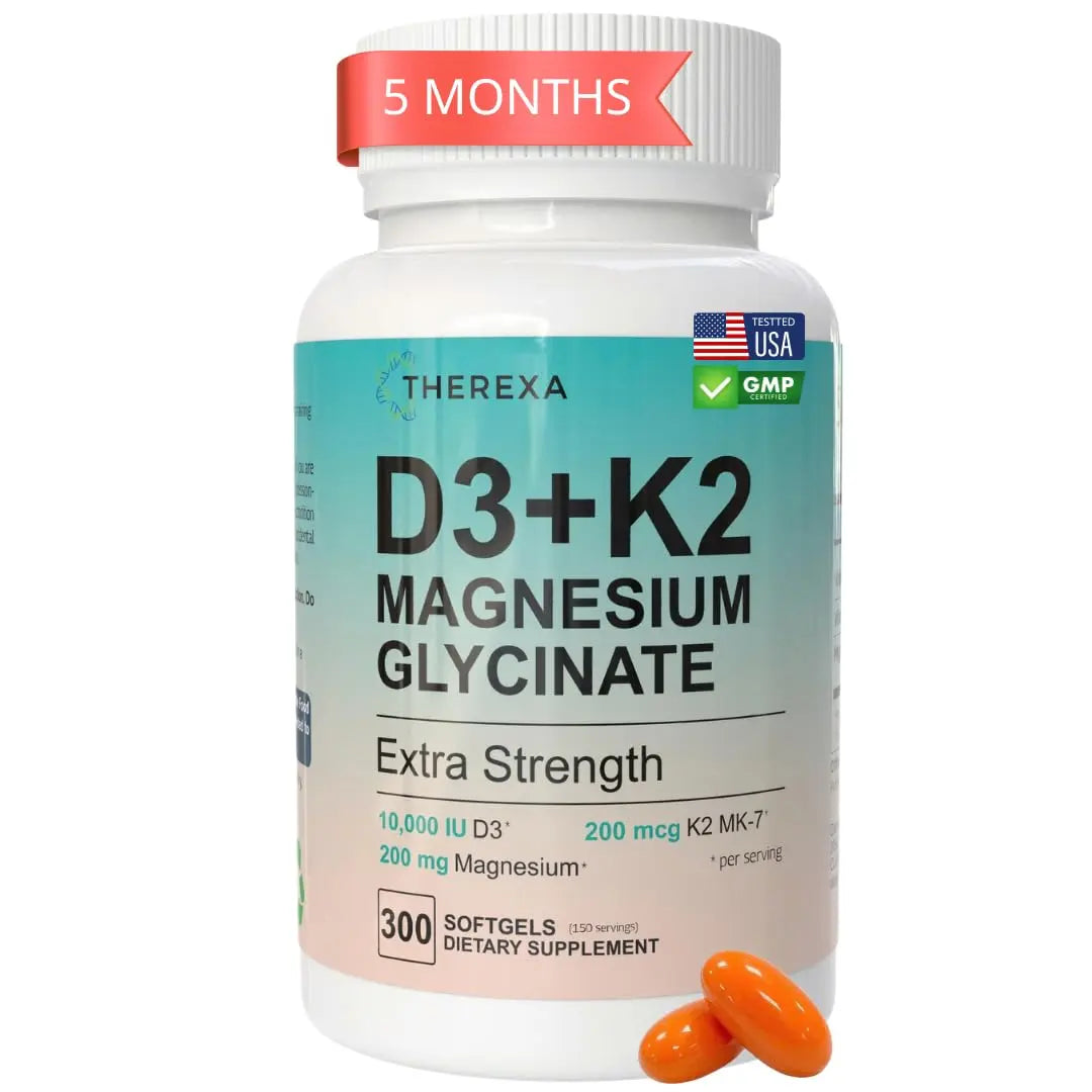 THEREXA Vitamin D3 K2 Magnesium Supplement - Extra Strength with 10000 IU Vitamin D3, Magnesium Glycinate and 200 mcg K2 MK-7 Vitamin Supplements Complex, for Women & Men - 300 Softgels THEREXAAu supplements