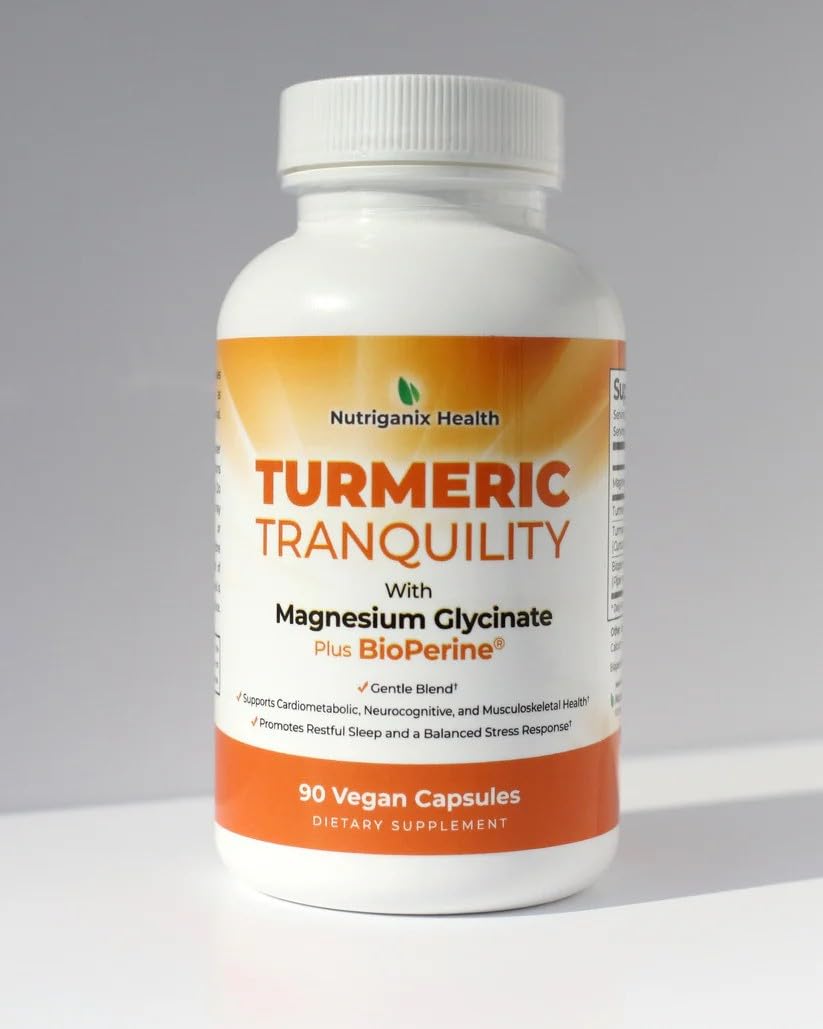 Turmeric Tranquility Turmeric Curcumin & Magnesium Glycinate with BioPerine – Support for Stress Relief, Sleep, Heart Health, Muscles, Metabolism, and Joint Health* - High Absorption - 90 Capsules (1) NutriganixAu supplements