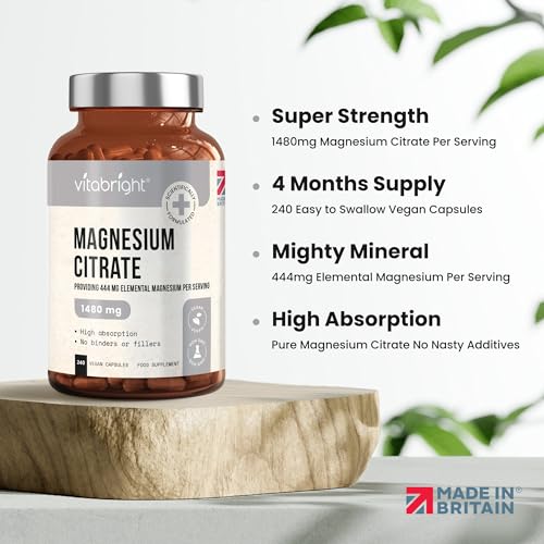 Magnesium Citrate - 1480mg High Strength - 240 Capsules (4 Month Supply) - Vegan VitaBrightUS supplements