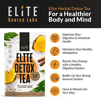 Elite Detox Tea: Natural Organic 7-Herbal Blend for Gentle Cleansing as Needed. Bloating Tea Elite Source LabsUS supplements