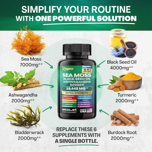 Sea Moss 7000mg Black Seed Oil 4000mg Ashwagandha 2000mg Turmeric 2000mg ZoyavaUS supplements