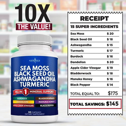 Silica Sea Moss 3000mg Black Seed Oil 2000mg Ashwagandha 1000mg Turmeric 1000mg NEW AGEUS supplements
