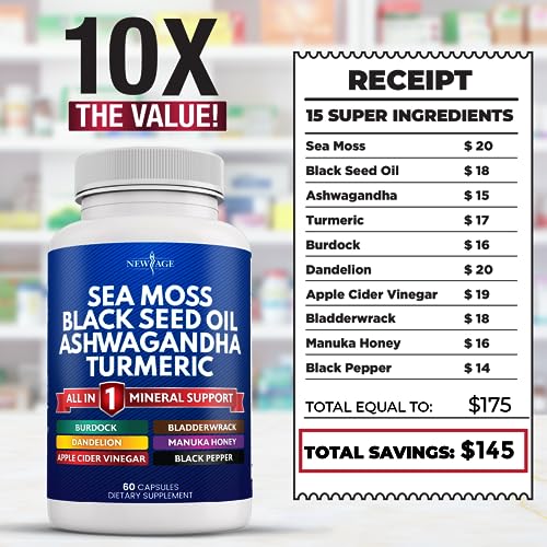 Silica Sea Moss 3000mg Black Seed Oil 2000mg Ashwagandha 1000mg Turmeric 1000mg NEW AGEAu supplements