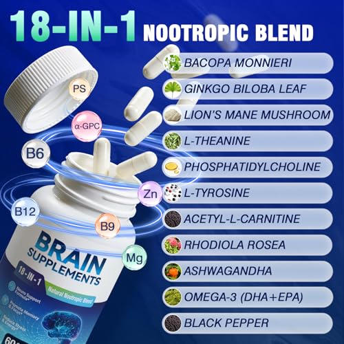 18-in-1 Brain Supplement for Memory and Focus – Nootropic Capsules with Alpha GPC, Bacopa, Ginkgo Biloba, Lion's Mane, Vitamin B6 & B12 | Cognitive Health, Mental Clarity | Vegan, Non-GMO FenolutraAu supplements