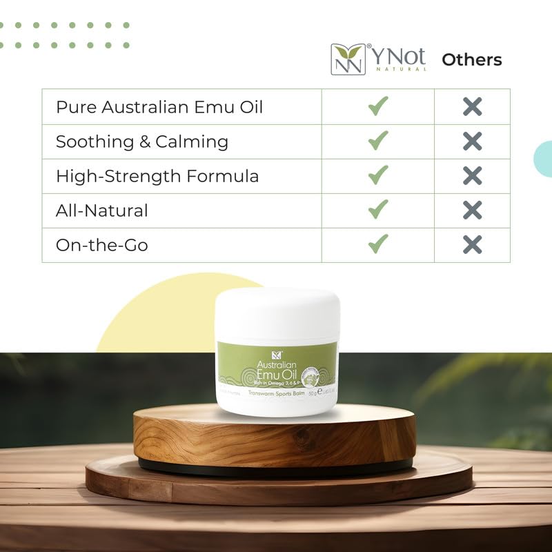 Y Not Natural Transwarm Sports Balm with Pure Emu Oil, Vitamins A, D, E, F & K2, Omega 3 6 9, & Tea Tree Oil Essential Oils - 50g Rub for Joint, Back, Muscle Stiffness & Soothing Itch Relief Y Not NaturalAu supplements