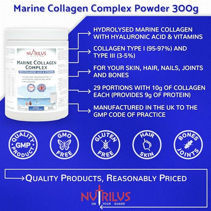 Hydrolysed Marine Collagen Powder 300g with Hyaluronic Acid and Vitamins - 29 Servings NutrilusUS supplements