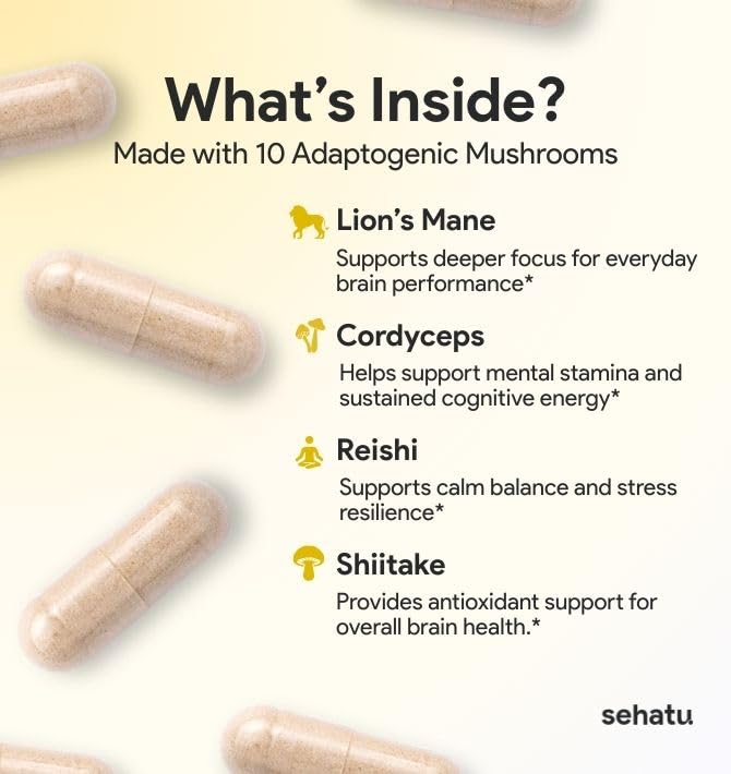 SEHATU Clarity Plus Cognitive Wellness Supplement | Packed with 10 Powerful Adaptogenic Mushrooms | Clear Brain Fog and Support Mental Clarity | 60 Count | 30 Day Supply SEHATUAu supplements