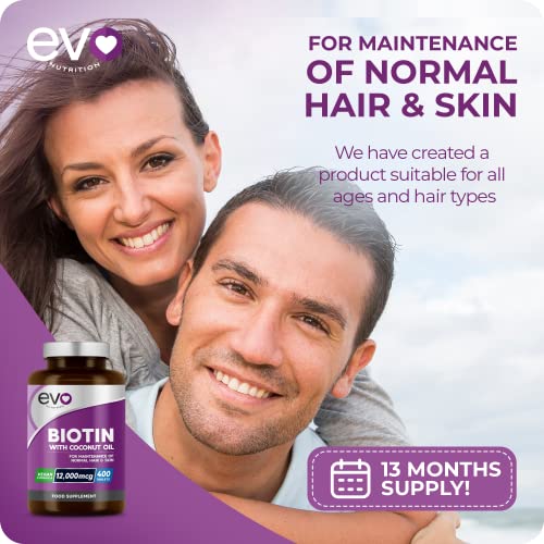 Biotin Hair Growth Supplement 12,000mcg with Coconut Oil | 400 High Strength Tablets EVO NUTRITIONUS supplements