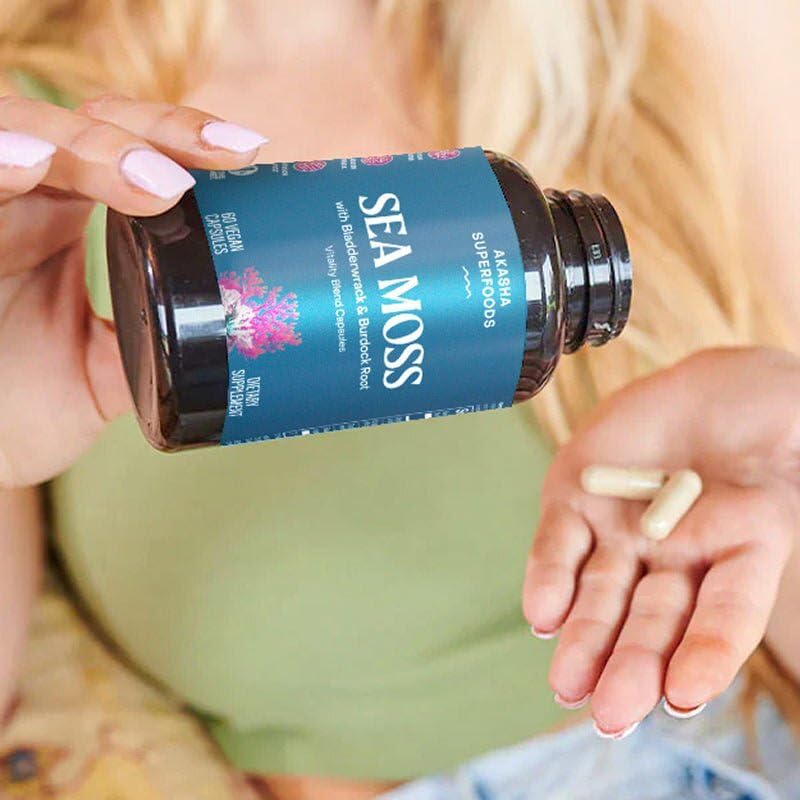 Akasha Superfoods Sea Moss Capsules, Organic Irish Moss with Bladderwrack Root, Burdock Root, and BioPerine, Skin, Thyroid, Digestion & Immunity Support for Women & Men, Gluten Free, Vegan, 60 Count Akasha SuperfoodsAu supplements