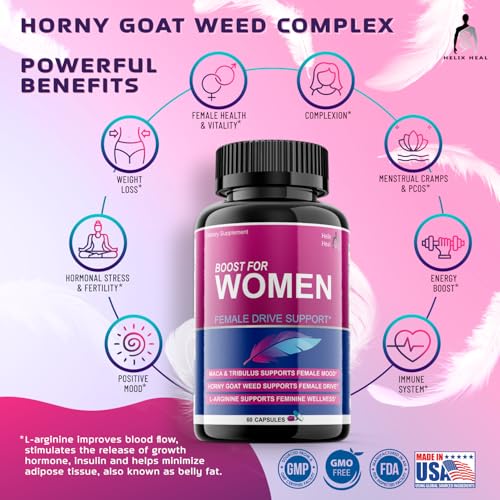 Helix Heal Libido Booster for Women Fast Acting with Horny Goat Weed - Female Desire Pills with Maca Root, Tribulus Terrestris, Ginseng and Hornygoatweed Women - Hormone Balance, Made in USA (60 ct) Helix HealAu supplements