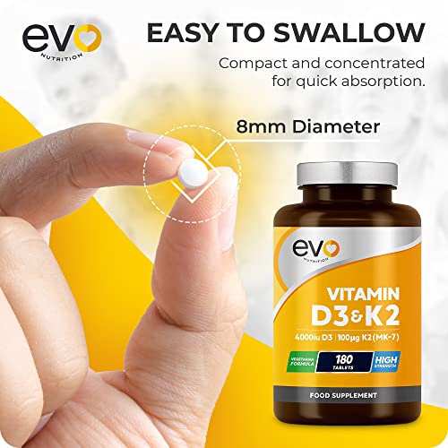 Vitamin D3 4000iu & Vitamin K2 100ug (MK7) |180 Vegetarian Tablets | 1-A-Day | 6 Month EVO NUTRITIONUS supplements