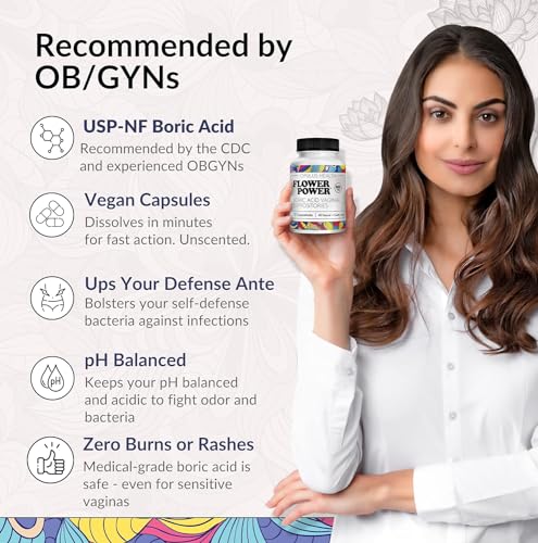 Flower Power Vegan Boric Acid Suppositories - 30 Capsules - 600mg for Vaginal Odor and pH Balance Flower PowerAu supplements