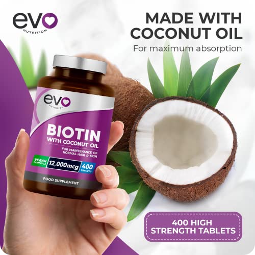 Biotin Hair Growth Supplement 12,000mcg with Coconut Oil | 400 High Strength Tablets EVO NUTRITIONUS supplements