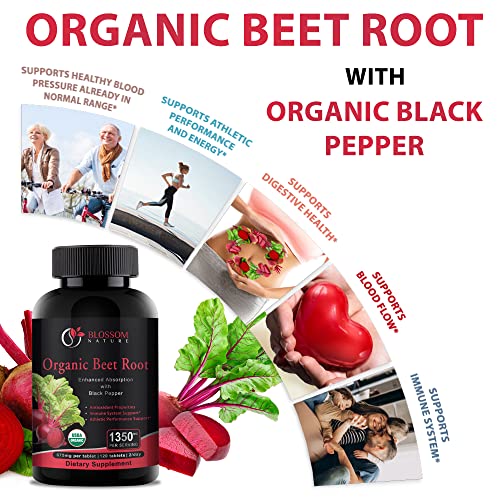 Organic Beet Root Powder 1350mg with Black Pepper-Nitric Oxide Booster, Digestive System Blossom NatureAu supplements